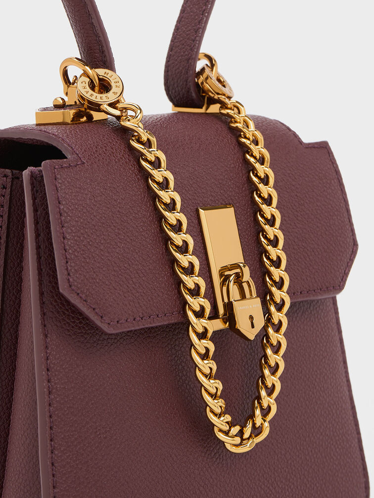 Túi xách hình thang Locket Chain-Link, Đỏ burgundy, hi-res