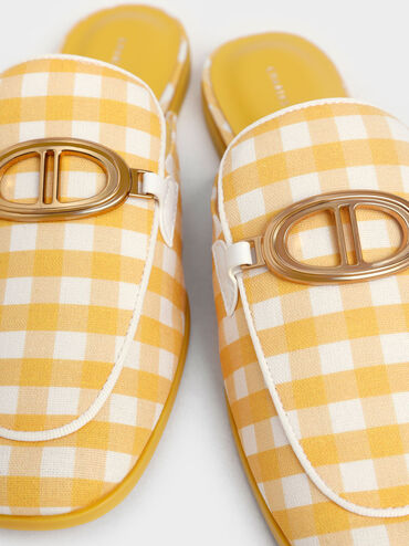 Metallic Accent Linen Gingham-Print Loafer Mules, Yellow, hi-res
