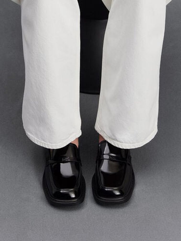 Giày mules mũi vuông Tahlia Leather, Đen bóng nhám, hi-res