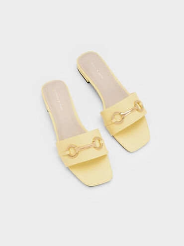 Metallic Bar Slide Sandals, Yellow, hi-res