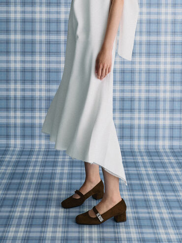 Lando Faux Suede Mary Jane Pumps, Dark Brown Textured, hi-res