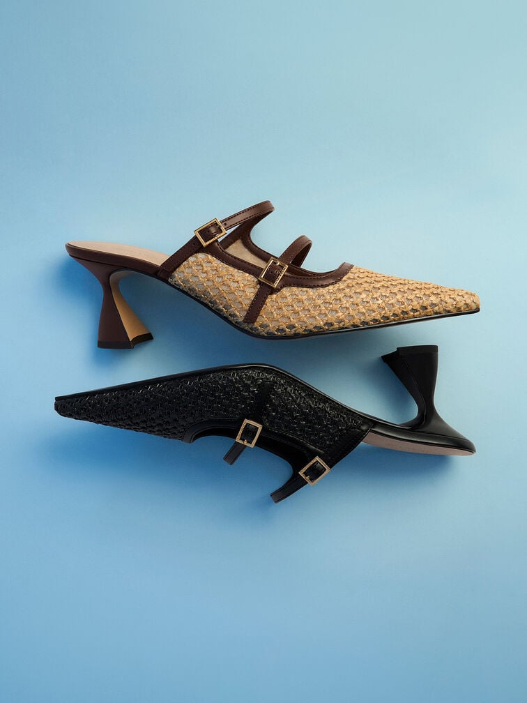 Gi&agrave;y mules cao g&oacute;t Raffia, Đen họa tiết, hi-res