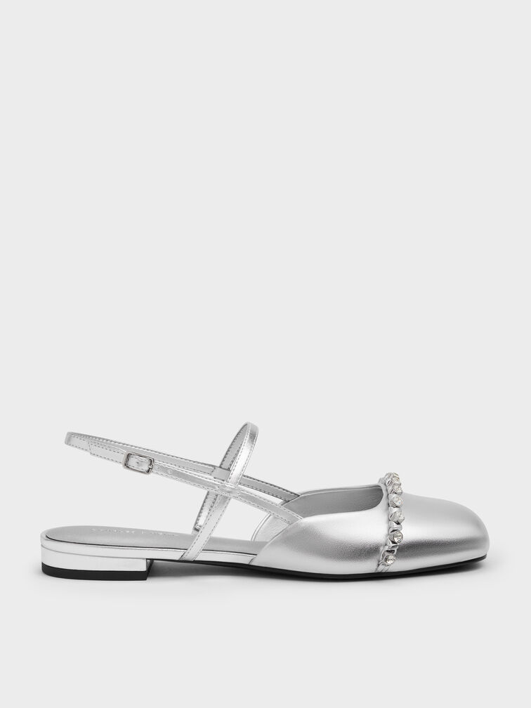 Gi&agrave;y sandals đế thấp Metallic Crystal, Bạc, hi-res