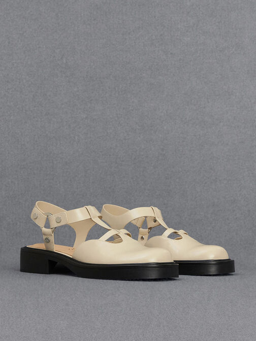 Leather Cut-Out T-Bar Mary Jane Flats, Chalk, hi-res