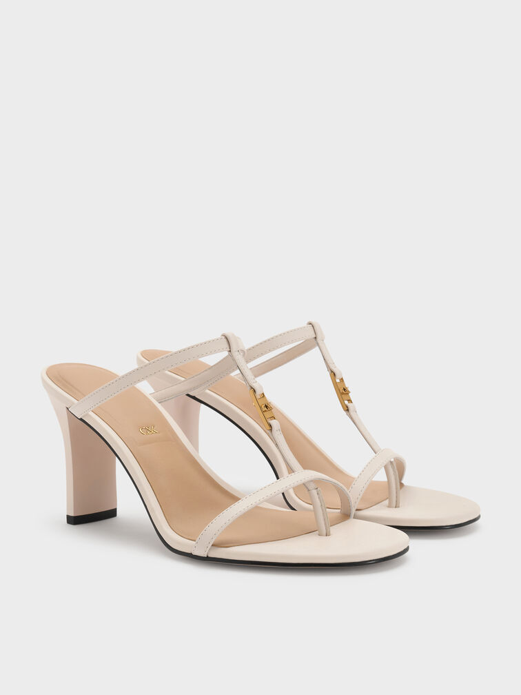 Leather T-Bar Heeled Mules, Chalk, hi-res