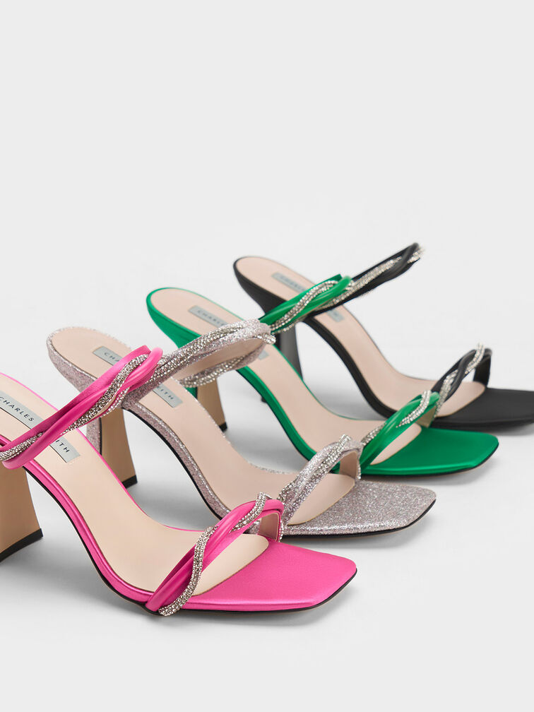 Giày sandals cao gót Embellished Twisted Strap Glittered, Bạc, hi-res