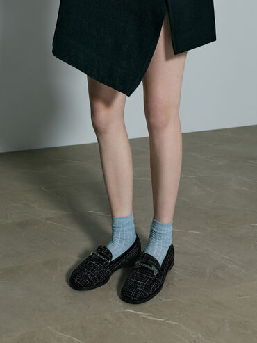 Giày lười mũi tròn Tweed Braided-Chain Metallic-Accent, Đen họa tiết, hi-res