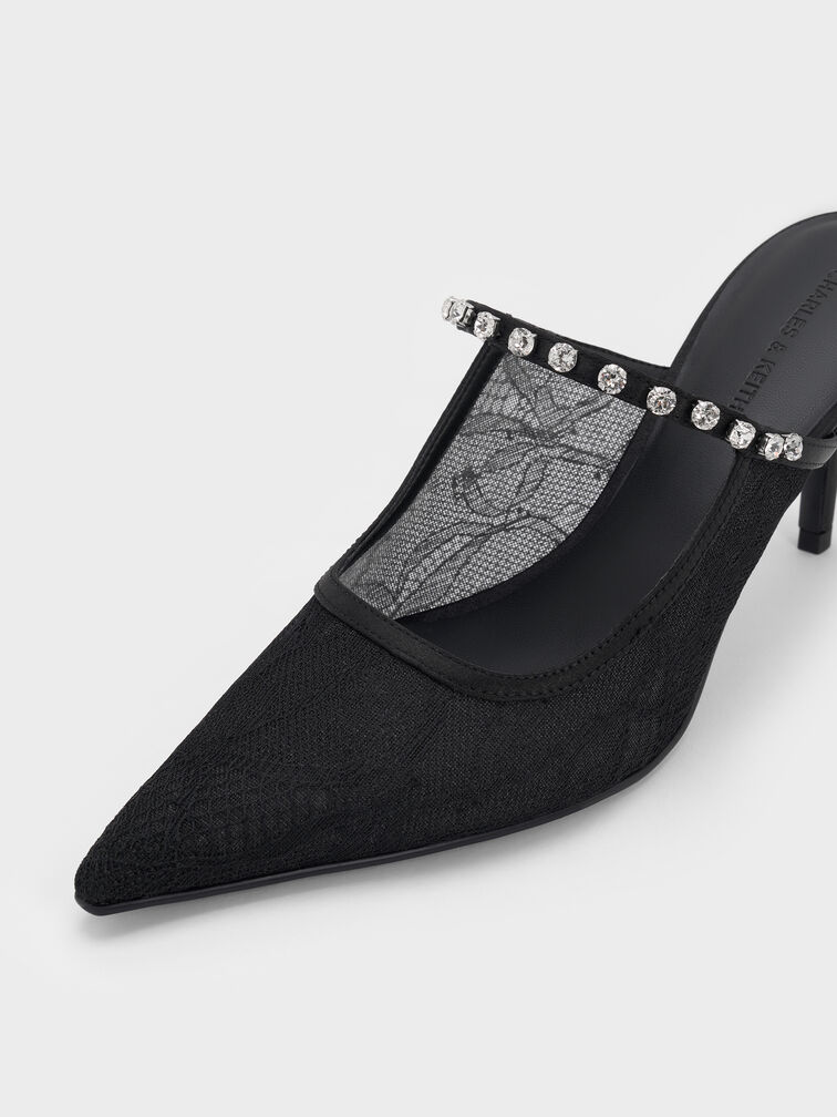 Lace & Satin Crystal Heeled Mules, Black Textured, hi-res