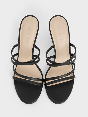 Strappy Sculptural-Heel Mules, Black, hi-res