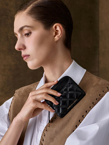 Ví đựng thẻ hình vuông Duo Quilted, Đen, hi-res