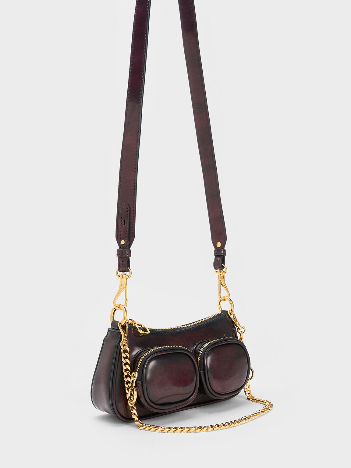 Túi đeo vai hình thang Letitia Chain-Link, Dark Chocolate, hi-res
