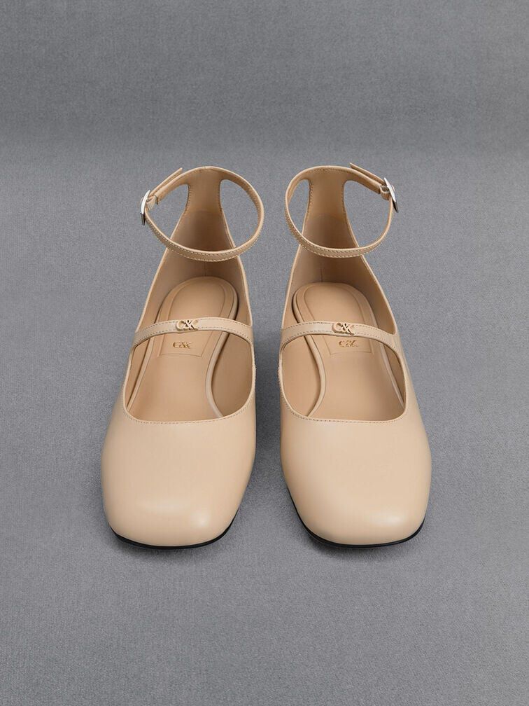 Giày cao gót mũi vuông Claire Leather Mary Jane, Be, hi-res