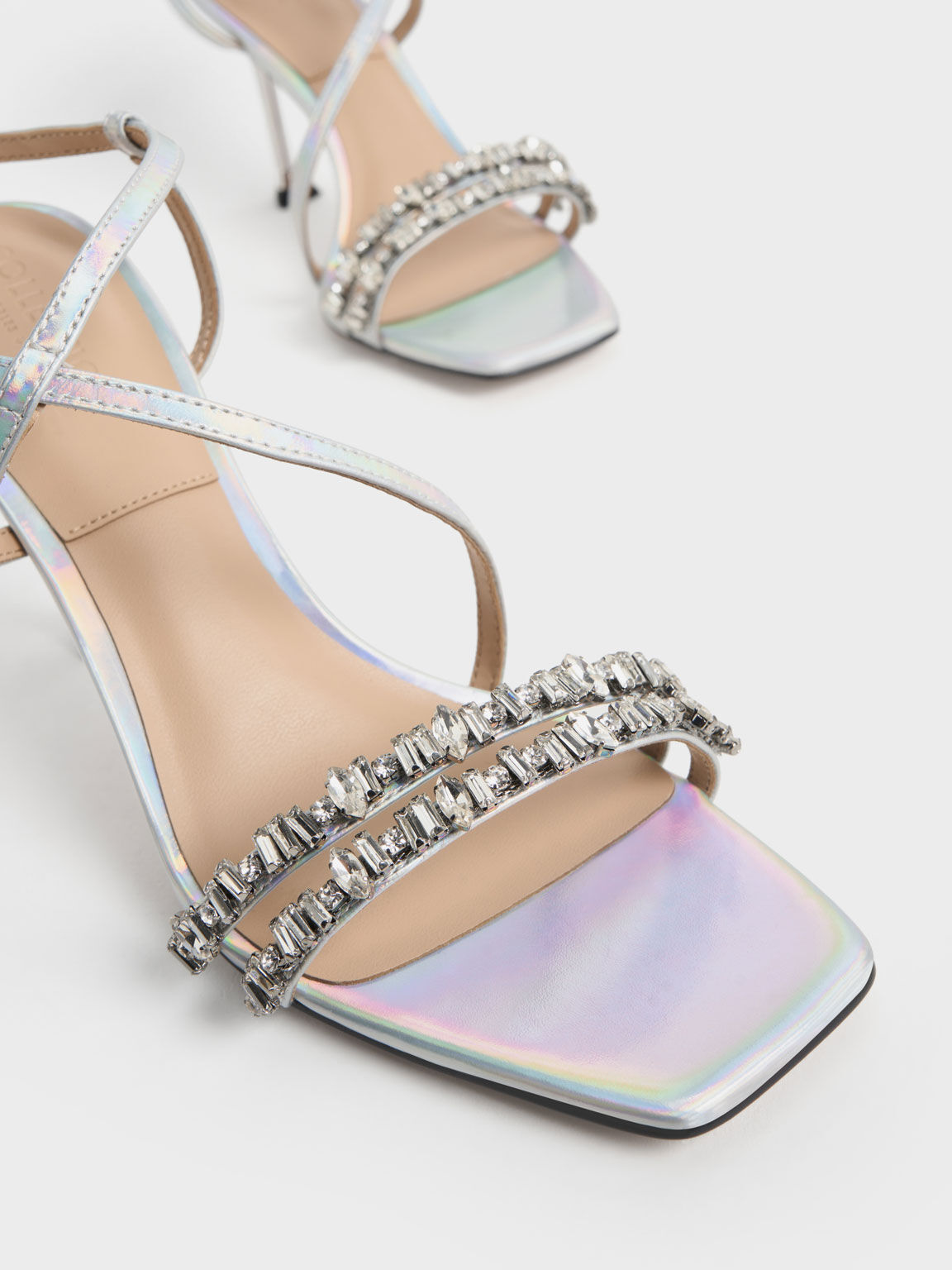 Giày sandals cao gót đính đá Holographic Leather Gem-Embellished, Nhiều màu, hi-res