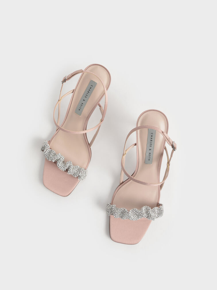 Giày sandals cao gót Gem-Embellished Satin, Hồng phấn, hi-res