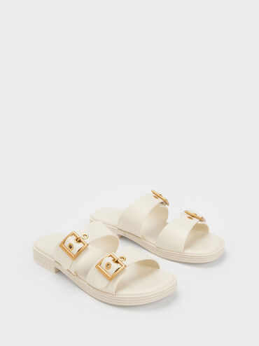 Buckled Double Strap Slide Sandals, White, hi-res