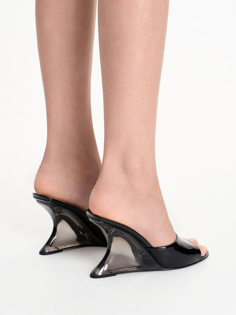 Patent Sculptural Heel Wedges, Black Patent, hi-res