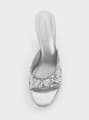 Sequinned Stiletto-Heel Mules, Silver, hi-res