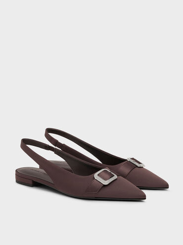 Satin Crystal-Buckle Pointed-Toe Slingback Flats, Dark Brown Textured, hi-res