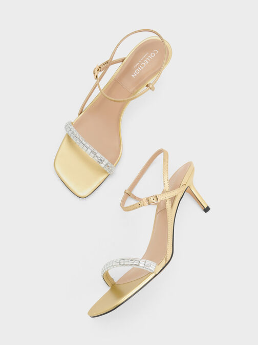Leather Gem-Embellished Ankle-Strap Sandals, Gold, hi-res
