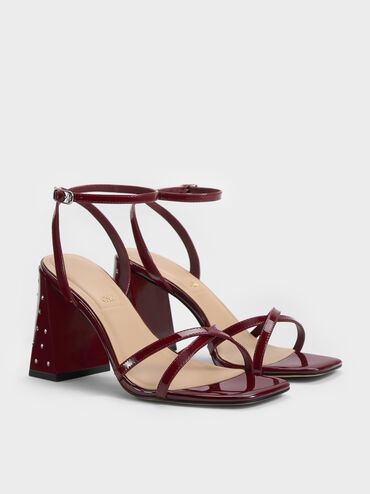 Emmaline Patent Leather Crystal Crossover Sandals, Burgundy, hi-res