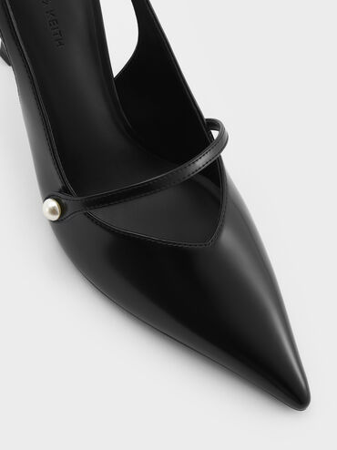 Helena Pearl-Buckle Pointed-Toe Slingback Pumps, Black Boxed, hi-res
