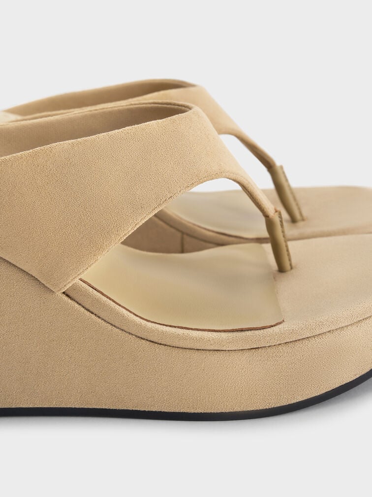 Faux Suede Thong Platform Wedges, Beige, hi-res