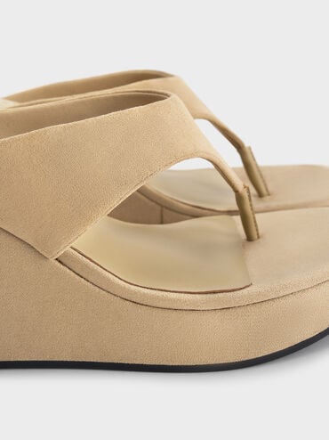 Faux Suede Thong Platform Wedges, Beige, hi-res