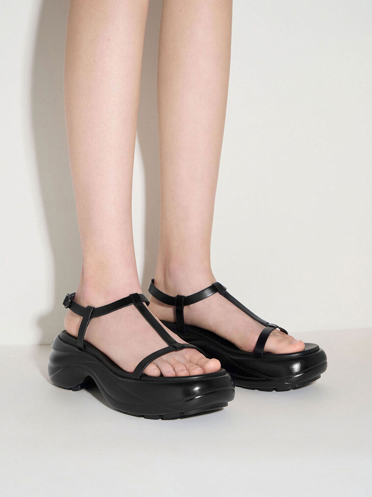 Giày sandals đế xuồng T-Bar Curved Platform Sports, Đen, hi-res