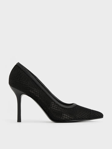 Mesh Woven Pointed-Toe Pumps, Black Textured, hi-res