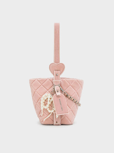 Duo Velvet Quilted Chain Bucket Bag, Pink, hi-res