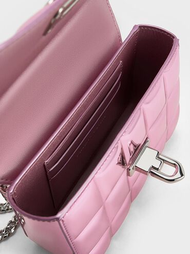 Túi xách Metallic Square-Quilted Chain-Handle, Hồng, hi-res