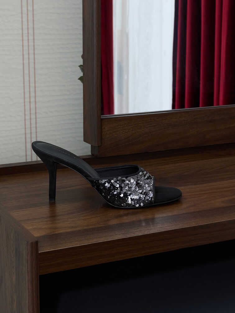 Sequinned Stiletto-Heel Mules, Black Textured, hi-res