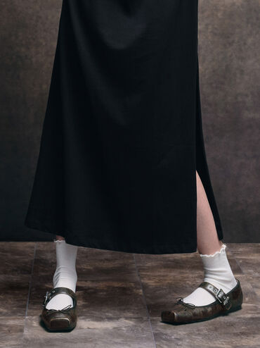 Giày búp bê mũi vuông Myler Crinkle-Effect, Nâu đậm, hi-res