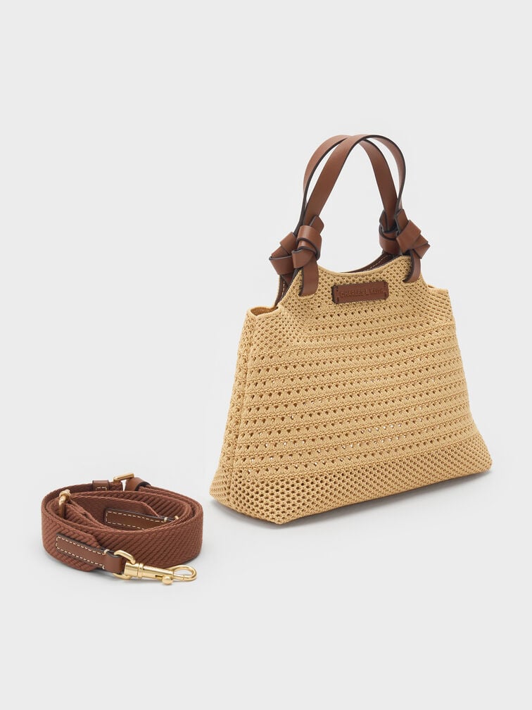 T&uacute;i tote phom h&igrave;nh thang Ida Knotted Handle Knitted, Be, hi-res