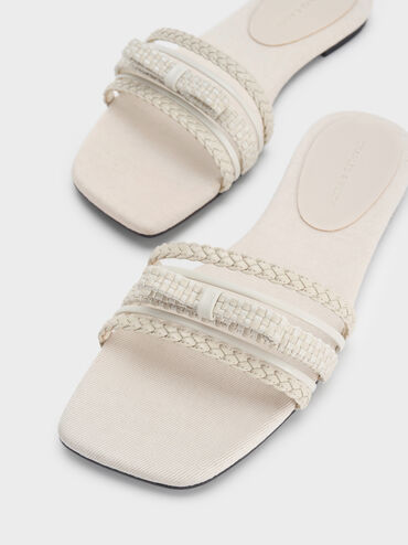 Kaleen Woven-Bow Slide Sandals, Chalk, hi-res