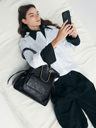 Balo dây rút Duo Quilted, Đen, hi-res