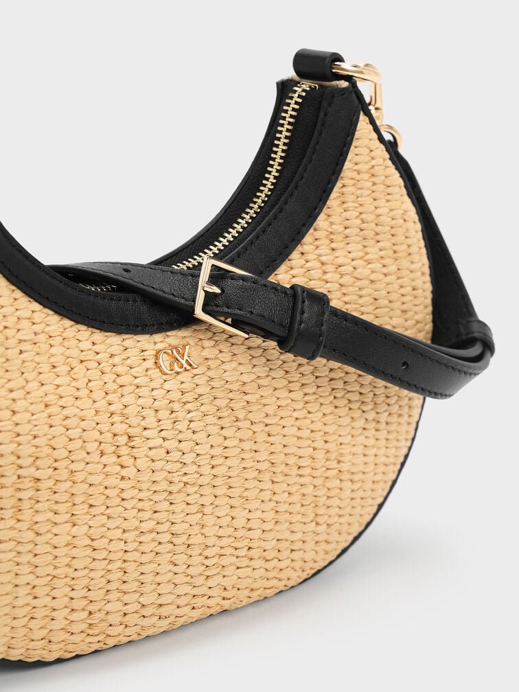T&uacute;i đeo vai Leather & Raffia Crescent Hobo, Neutral Raffia, hi-res