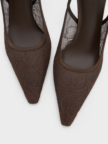 Lace & Satin Slingback Pumps, Dark Brown Textured, hi-res