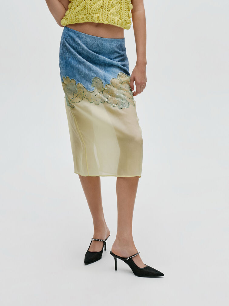 Lace & Satin Crystal Heeled Mules, Black Textured, hi-res