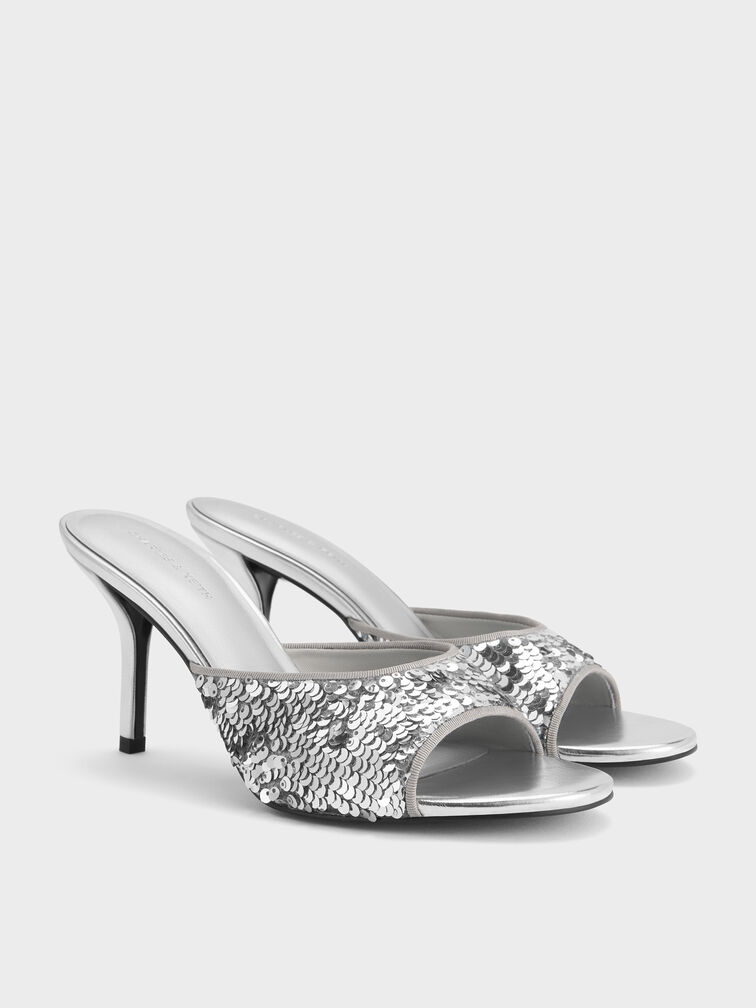 Sequinned Stiletto-Heel Mules, Silver, hi-res