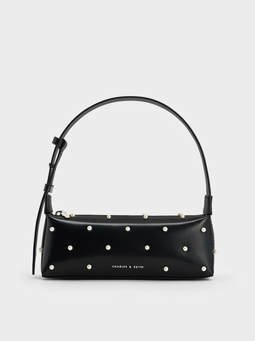 Pearl-Embellished Leather Top Handle Bag, Black, hi-res