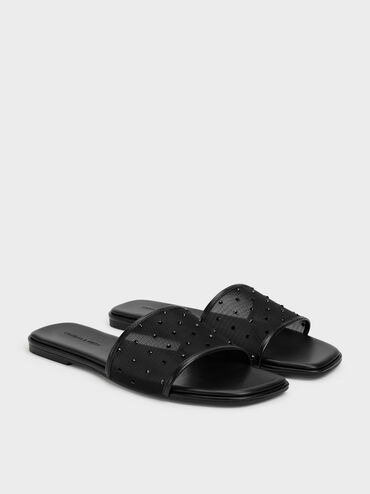 Mesh Crystal Slide Sandals, Black Textured, hi-res