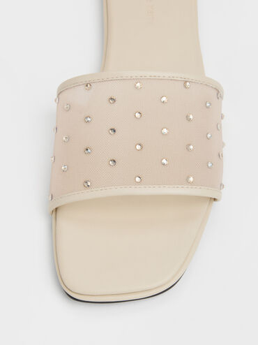 Mesh Crystal Slide Sandals, Beige, hi-res