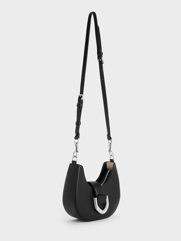 Túi đeo vai hình bán nguyệt Gabine Leather, Noir, hi-res