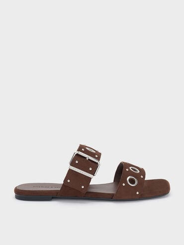 Faux Suede Grommet Buckled Slides, Dark Brown Textured, hi-res