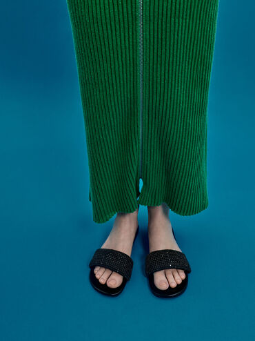 Dép quai ngang Faux Suede Crystal-Embellished, Đen họa tiết, hi-res