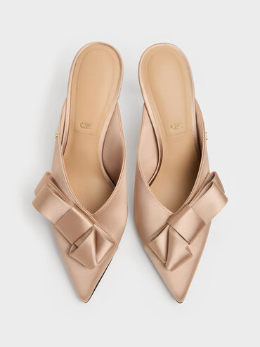 Pleated-Bow Pointed Heeled Mules, Nude, hi-res