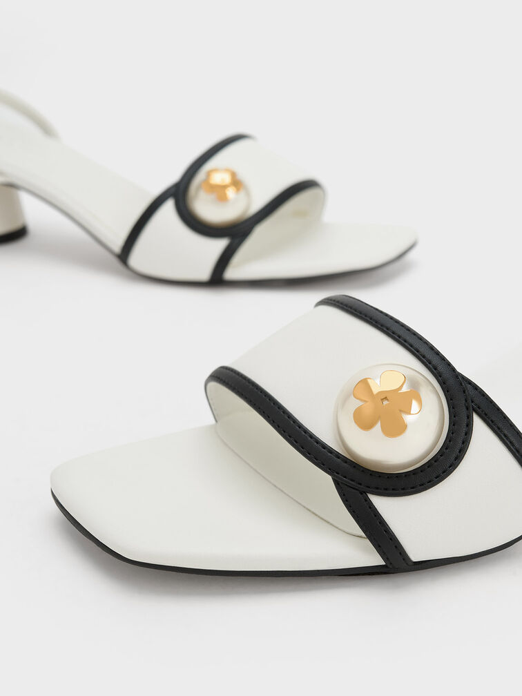 Giày sandals cao gót quai ngang Pearl-Embellished, Trắng, hi-res