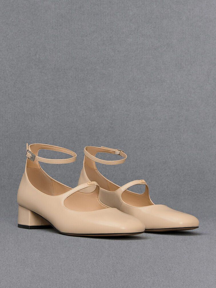 Giày cao gót mũi vuông Claire Leather Mary Jane, Be, hi-res