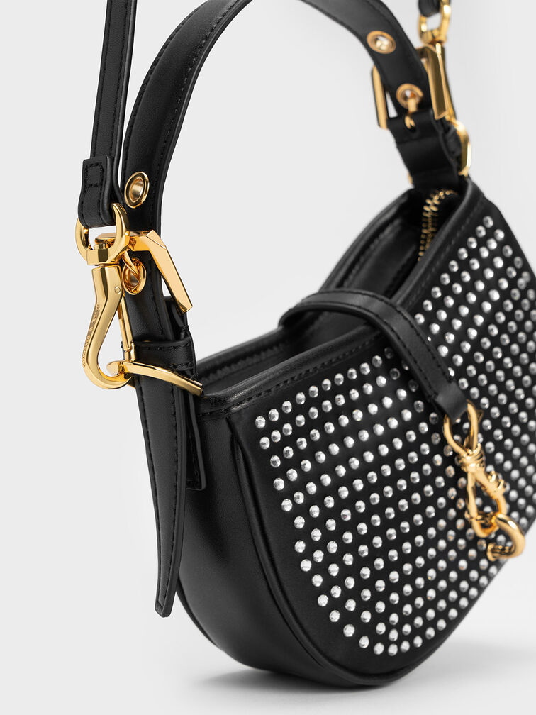 Crystal-Embellished Belted Shoulder Bag, Black, hi-res
